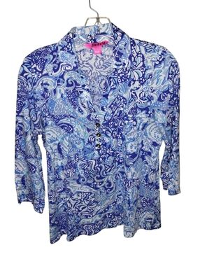 Vtg Y2k Lilly Pulitzer Ansley Polo S Blue Floral Preppy Pima Cotton Euc